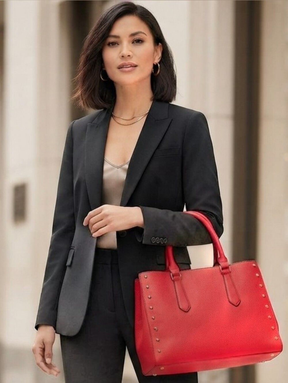 Classic Red Structured Tote Bag with Gold Stud Accents
